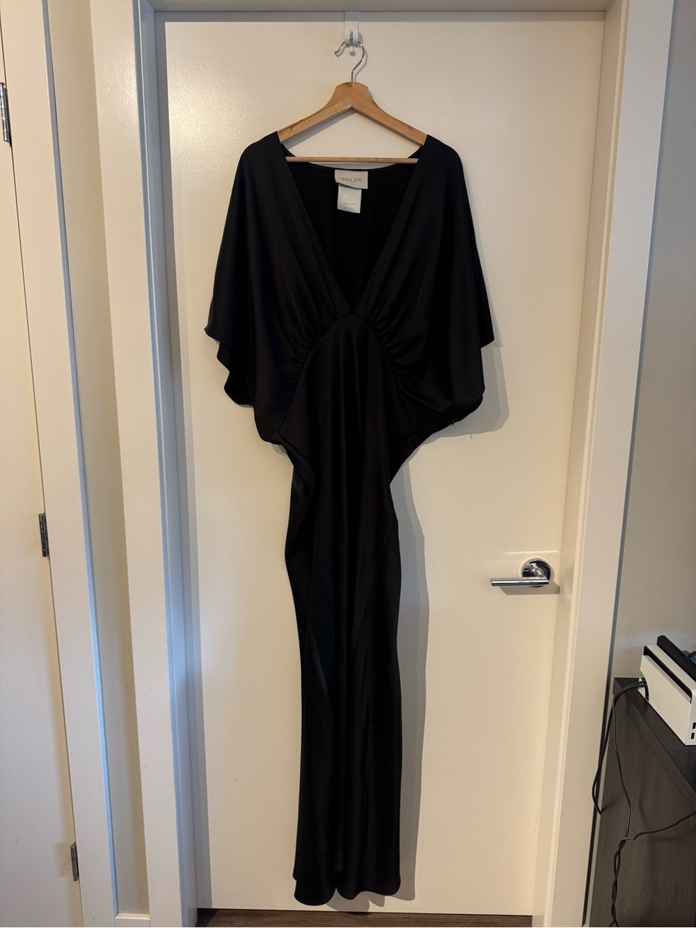 BHLDN LEILA DEEP-V FLUTTER-SLEEVE SATIN A-LINE GOWN